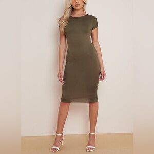 Olive Green Cap Sleeve Midi Bodycon Dress | Fully Lined | Size Small (Pre-Loved)